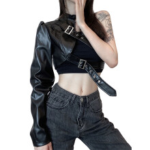 (S, Black) Hauts punk à manches longues pour femmes, col montant avec ceinture en cuir, vêtements tendance.