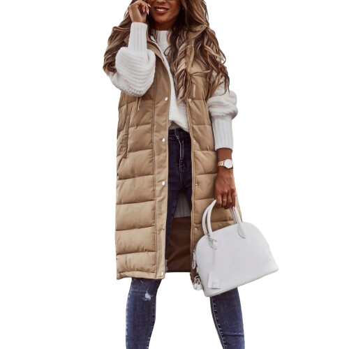 (L, Khaki) Chaleco mujer capucha e invierno.