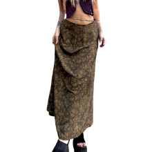 (S, Tawny) Jupe rétro femme, imprimé feuilles fauves, taille basse, fluide, tailles S/M/L