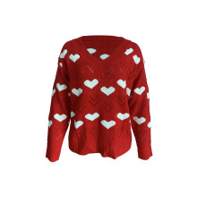 (XL, Red) Pull ajouré femme à manches longues col en V motif cœur (rouge, blanc, rose)