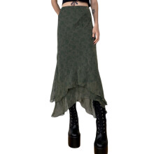 (M, Army Green) Jupe midi femme, imprimé floral, taille haute, à volants, vert kaki, tailles S/M/L