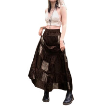 (S, Brown) Women Long Patchwork Skirt, Adults Vintage Elegant Flower Print Pleated Skirt (Brown)