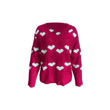 (M, Rose Red) Pull ajouré femme à manches longues col en V motif cœur (rouge, blanc, rose)