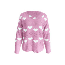 (XL, Pink) Dámský svetr s dutým pletením, dlouhý rukáv, V výstřih, vzor srdce (červená, bílá, růžová)