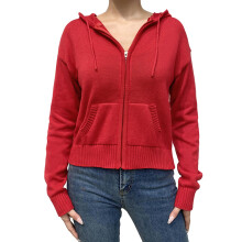 (M, Red) Sweat-shirt zippé à capuche femme, manches longues, en maille, décontracté, uni