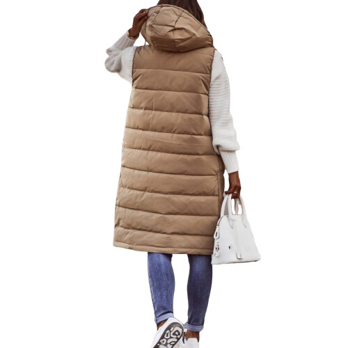 (L, Khaki) Chaleco mujer capucha e invierno. 2