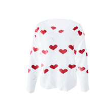 (M, White) Pull ajouré femme à manches longues col en V motif cœur (rouge, blanc, rose)