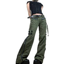 (M, Green) Damen-Cargohose für den Herbst, Punk-Freizeithose mit niedrigem Bund, Reißverschluss und Taschen für Mädchen, Grün