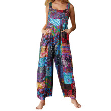 (XXL, Blue) Mono de verano mujer, sin mangas, cuello cuadrado, bolsillos, estilo étnico multicolor, rojo/azul.
