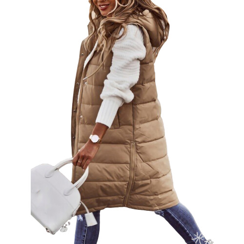 (L, Khaki) Chaleco mujer capucha e invierno. 1