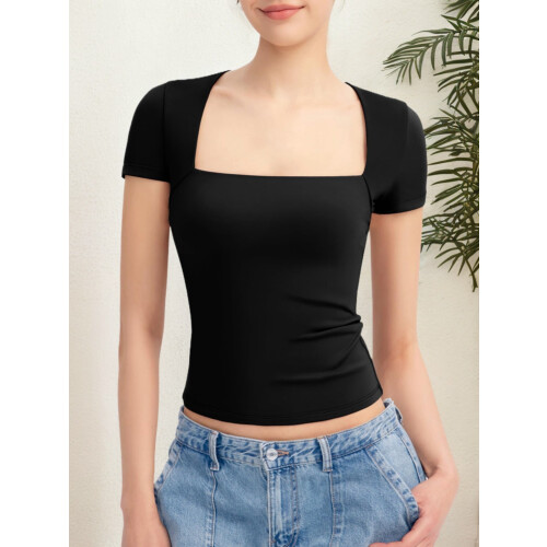 T-shirt da donna a maniche corte con scollo quadrato, foderata, basic, vestibilità slim.