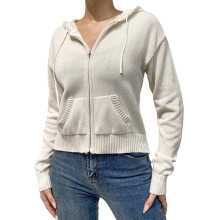 (L, White) Sweat-shirt zippé à capuche femme, manches longues, en maille, décontracté, uni