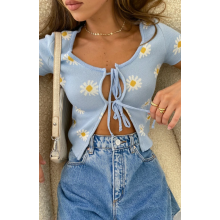 (One Size, Blue) Hauts courts à nouer pour femmes, T-shirts sexy à col rond, manches courtes, floral et décolleté
