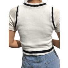 (S, White Black) Gilet sans manches en maille pour femme, pull court ajusté à imprimé vache élégant