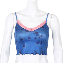 (S, Blue) Women Summer Sexy Crop Top, Casual Lace V-Neck Camisole Strap Backless Tank Top