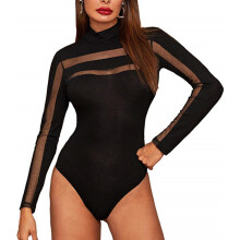 (L, Black) Body feminino sexy para balada, top de manga comprida modelador com transparência em tela.