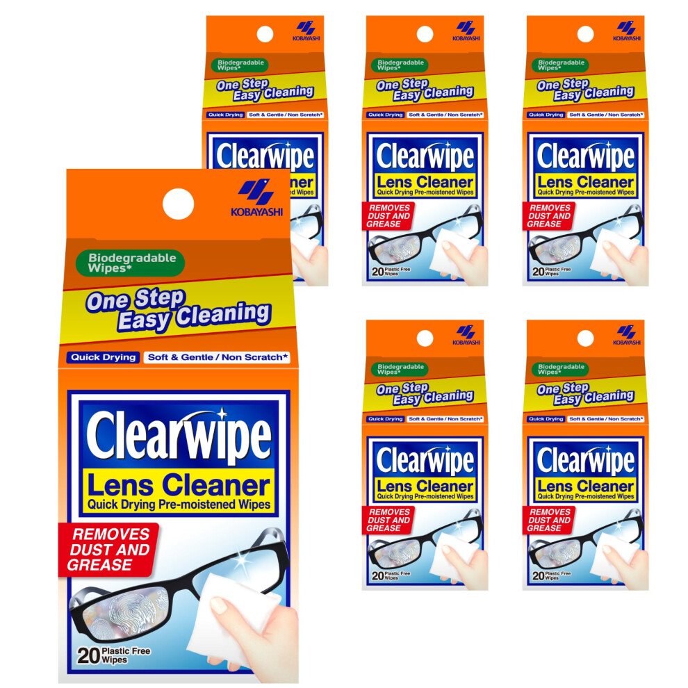 Clearwipe Lens Cleaner 6X Pack Of 20 Lens Wipes, Microfibre, Biodegradable Wipe, Individually Wrapped, For Glasses, Sunglasses, Sm