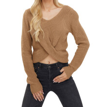 (M, Khaki) Pull d'automne slim pour femme, couleur unie, manches longues, col en V, maille torsadée