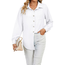 (XL, White) Damesblouse, blouse met lange mouwen en knoopsluiting, losvallend model, effen, elegant, herfsttopjes