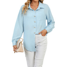 (M, Sky Blue) Damesblouse, blouse met lange mouwen en knoopsluiting, losvallend model, effen, elegant, herfsttopjes