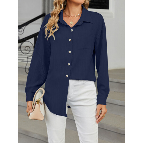 (XXL, Navy Blue) Γυναικεία Μακρυμάνικη Πουκάμισα, Φθινοπωρινές Μπλούζες 2