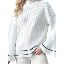 (S, White) Pull ample d'automne pour femme, col roulé, manches longues, couleur contrastée.