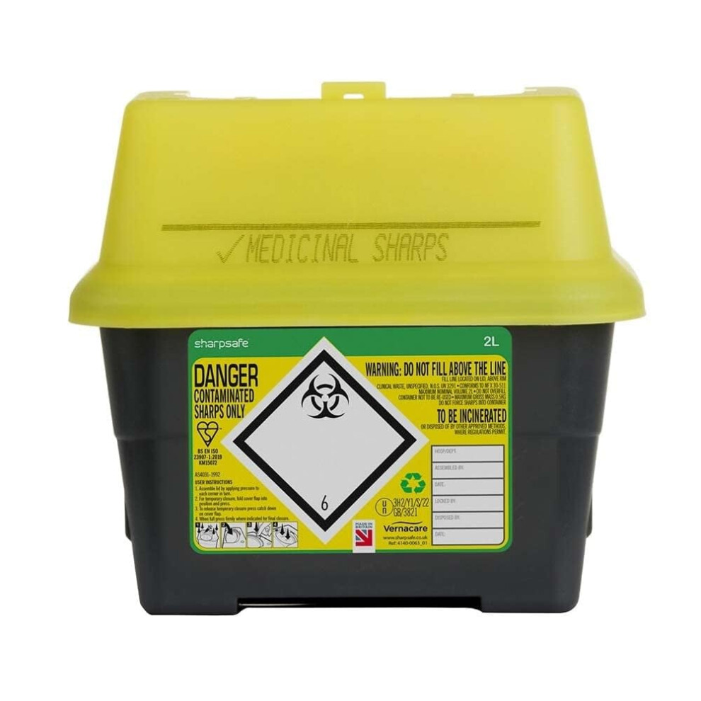 Sharpsafe 2L Yellow Bio Hazard Blade Syringe Needle Clinical Labelled Waste Sharps Box Bins