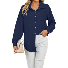(M, Navy Blue) Damesblouse, blouse met lange mouwen en knoopsluiting, losvallend model, effen, elegant, herfsttopjes