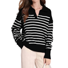 (L, Black) Pull ample d'automne pour femme, à rayures, manches longues, col en V, revers, en maille