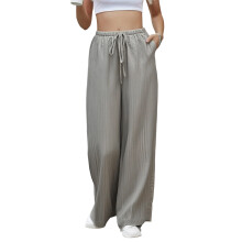 (L, Khaki) Damen Frühling Sommer Baggy Pants Unifarben Kordelzug Lockere Hose mit weitem Bein