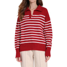 (L, Red) Women's Autumn Loose Fit Sweater Striped Pattern Long Sleeve V Neck Lapel Knitwear Pullover