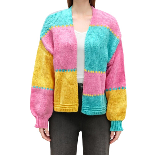 (M, Pink) Gilet cardigan tendance maille contrastée