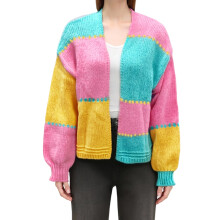 (XL, Pink) Dámský podzimní trendy svetr s dlouhým rukávem, otevřený přední díl, kontrastní barevný pletený svetr