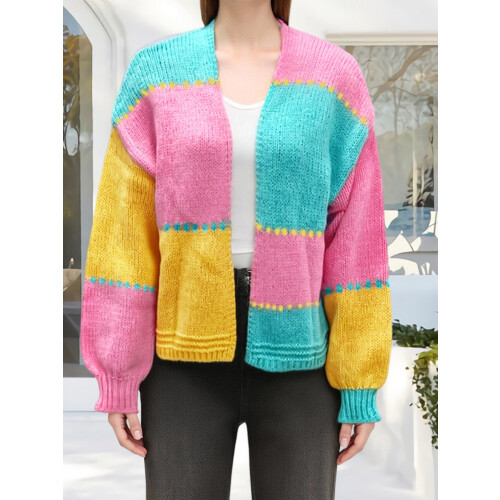 (S, Pink) Gilet cardigan tendance maille contrastée 2