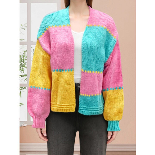 (M, Pink) Gilet cardigan tendance maille contrastée 2