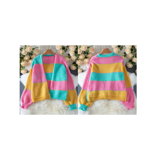 (M, Pink) Gilet cardigan tendance maille contrastée 1