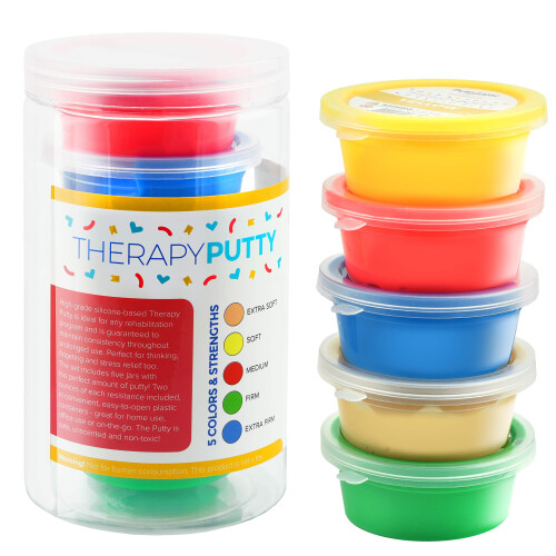 Playlearn 5 x Therapy Putty Squeezable Non-Toxic, Hand Exercise, 5 Strengths Extra Soft/Soft/Soft-Medium/Medium/Firm Individually