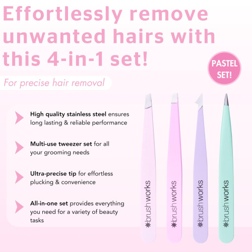 Brushworks HD 4 Piece Combination Tweezer Set - Pastels 1