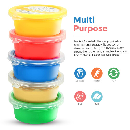 Playlearn 5 x Therapy Putty Squeezable Non-Toxic, Hand Exercise, 5 Strengths Extra Soft/Soft/Soft-Medium/Medium/Firm Individually 1