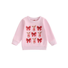 (120, Pink) Baby Girl Christmas Sweatshirt Elk Bow Print Long Sleeve Pullovers Autumn Tops for Toddler Cute Fall Clothes Outfit