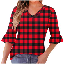Lässige Damenbluse mit Print, V-Ausschnitt, Dreiviertelärmeln und Rüschen – Bequemer Stoff, hoher Bund mit elastischem Bund, ideal für Alltag,