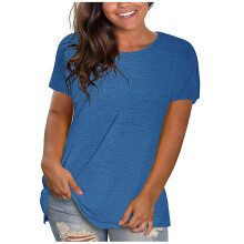 Tunique femme grande taille unie col rond manches courtes ample T-shirt blouse pull basique haut d'été décontracté bleu XXL