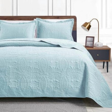 Ensemble de courtepointe bleu spa pour lit double – Couvre-lit léger 3 pièces et taies d'oreiller, motif à pièces, couvre-lit toutes saisons