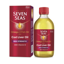 Seven Seas Omega-3 Fish Oil Plus Cod Liver Oil MAX Strength, with Omega-3, Vitamins D and Vitamin E. Food Supplement for Brain2 & Body1-4 Support, 45