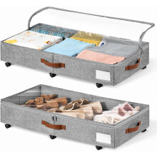 6" Rolling Under-Bed Storage Bins (2-Pack), Clear Lid, for Shoes/Sweaters – Grey, compatible with standard bed frames