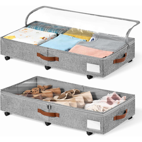 6" Rolling Under-Bed Storage Bins (2-Pack), Clear Lid, for Shoes/Sweaters – Grey, compatible with standard bed frames