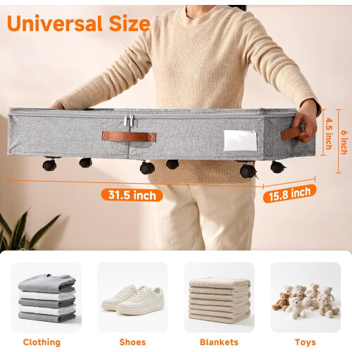 6" Rolling Under-Bed Storage Bins (2-Pack), Clear Lid, for Shoes/Sweaters – Grey, compatible with standard bed frames 1