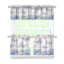 Butterflies & Purple Hydrangeas 3-Pc Kitchen Curtains Set with Valance, Rod Pocket, Machine Washable (54"x18"+2x27.5"x24")