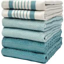 Premium Kitchen Towels (20”x 28”, 6 Pack) | Large Cotton Dish Towels | Flat & Terry Highly Absorbent Kitchen Linen Set with Hanging Loop | Aqua
