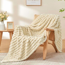 Beige Twin Throw Blanket 60x80" – Super Soft 3D Checkered Fuzzy Fleece, Luxurious Plush Cozy Blanket for Fall/Winter Decor